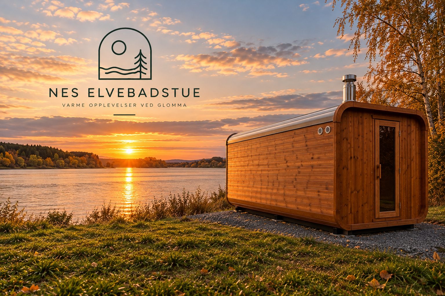 Nes Elvebadstue ved Glomma i kveldslys
